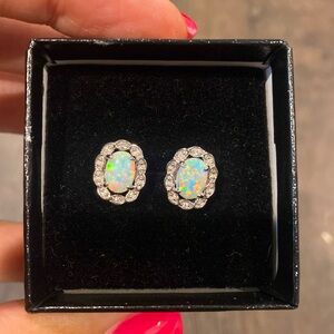 Stud, simulated opal and sterling silver earrings